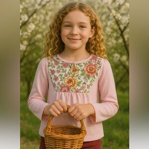 🧒👚Girls Lands’ End Pink Floral Jersey Top Size 10-12 Long Sleeve Tee Shirt